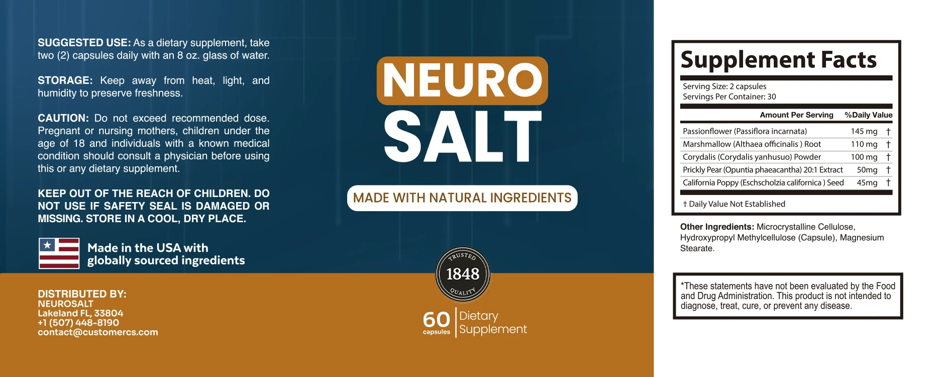 NeuroSalt supplement facts label showing all ingredients and dosages